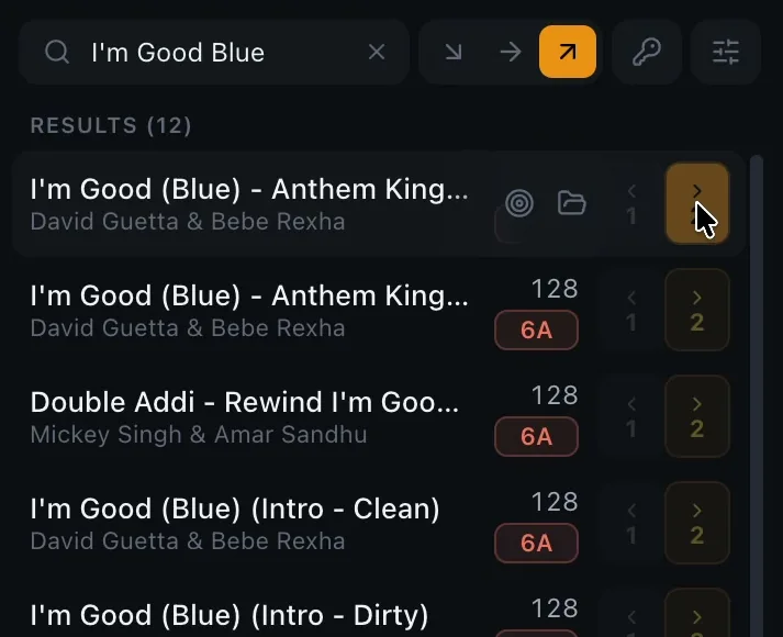 Search results for I'm Good Blue with the cursor clicking the Deck 2 load button.