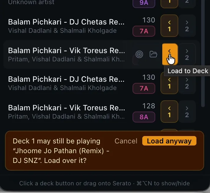 Safety prompt: Deck 1 may still be playing Jhoome Jo Pathan (Remix). Load over it? Cancel or Load anyway.